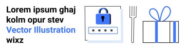 Güvenlik, hediye kutusu, çatal ve rastgele metin elemanları için şifreli kilit. E-ticaret, siber güvenlik, çevrimiçi alışveriş, dijital mahremiyet hediye hizmetleri güvenli ödeme pazarlaması için idealdir. İniş
