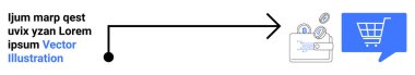 Metinden cüzdana bozuk paralarla giden ok, içinde alışveriş arabasının bulunduğu mavi konuşma baloncuğuyla bitiyor. Çevrimiçi alışveriş, ecommerce akışı, dijital işlemler, kullanıcı yolculuğu için ideal