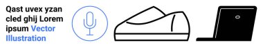 Metinli mikrofon simgesi, minimalist ayakkabı grafiği ve siyah-mavi renkli parlak dizüstü bilgisayar simgesi. Teknoloji, verimlilik, ekommerce, moda, ses ve minimalizm için ideal. İniş sayfası