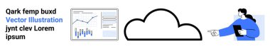 Grafikleri gösteren bilgisayar ekranı, büyük bulut sembolü, tablet tutan kişi. Veri analizi, bulut hesaplama, iş stratejisi, teknik çözümler, bilgi teknolojisi, çevrimiçi depolama için ideal