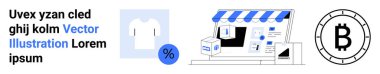 Çevrimiçi mağaza önü, indirimli gömlek ikonu ve Bitcoin sembolü modern e-ticareti, kripto para ödemelerini, indirimleri ve çevrimiçi alışverişi vurguluyor. Perakende, finans, pazarlama ve teknoloji için ideal