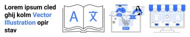 Alfabe sembollü açık bir kitap, online alışveriş arabasıyla etkileşen iki kişi, mağaza vitrinli bir web sitesi. Eğitim, e-ticaret, çevrimiçi öğrenme, dijital pazarlama, web tasarımı, perakende
