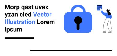 Büyük mavi kilit simgesi ve beyaz arkaplanda QR kodunu tarayan kişi. Sol tarafta mesaj var. Güvenlik, teknoloji, gizlilik, web tasarımı, veri koruması, uygulama geliştirme, UX UI için ideal. Pankart