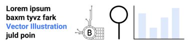 Bitcoin sembolü veriyi temsil eden devreler, büyüteç ve bar grafiği ile birbiri ile bağlantılı. Finansal analiz, engelleme zinciri, piyasa araştırması, yatırım danışmanlığı, kripto para birimi için ideal