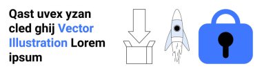 Roket açık bir kutudan fırlatılıyor. Asma kilit, yer tutucu metnin yanında güvenliği de simgeliyor. Teknoloji, yenilik, güvenlik, girişim, fırlatma ürünleri, koruma, web tasarımı için idealdir. Pankart