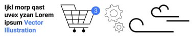 Tebligat kartı olan bir alışveriş arabası, iki vites ve çizgileri olan bir bulut simgesi. E-ticaret, çevrimiçi alışveriş, web tasarımı, uygulama geliştirme, hizmet ayarları, teknoloji, bulut