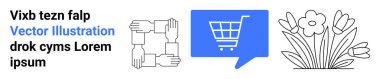 Metin elemanları, çemberde dört el, mavi alışveriş arabası ikonu ve çiçek çizimi. Birlik, takım çalışması, e-ticaret, doğa takdiri, markalaşma, tasarım ve ilham için ideal. İniş sayfası