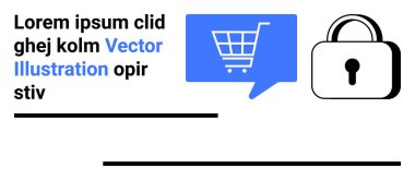 Mavi konuşma balonu ve asma kilit sembolü içindeki alışveriş arabası güvenli çevrimiçi işlemleri temsil ediyor. E-ticaret, siber güvenlik, çevrimiçi alışveriş, ödeme koruması, veri güvenliği, web sitesi için ideal