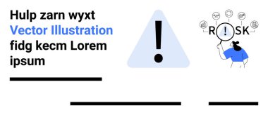 Üçgen içinde ünlem işareti, risk simgeleriyle büyüteç tutan kişi. Risk analizi, güvenlik uyarıları, güvenlik kılavuzları, mali denetimler, sigorta, uyum, veri