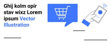 Konuşma balonunun içinde alışveriş arabası ikonu, ödeme onayı için akıllı telefonu tutuyor. E-ticaret, çevrimiçi alışveriş, mobil ödemeler, dijital işlemler, web sitesi, dijital pazarlama için ideal