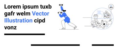 Mavi elbiseli adam dürbün tutuyor, solda kalın yazı var, organik gıda ikonları sağ tarafta bal, peynir ve sebzeleri parmakla gösteriyor. Organik gıda promosyonları, keşif temaları, afişler için ideal.