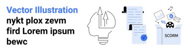 Ampullü baş, asma kilitli belgeler ve multimedya simgeli SCORM paketi. Eğitim, e-öğrenim, yaratıcılık, belge güvenliği, öğretici tasarım, dijital içerik için ideal
