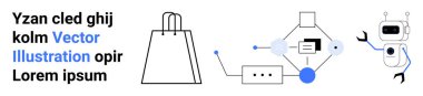 Alışveriş torbası, birbirine bağlı teknoloji devresi ve metin elemanlarının yanında robot. E-ticaret, teknolojik yenilik, otomasyon, dijital pazarlama, çevrimiçi alışveriş, fütüristik tasarımlar ve yapay zeka için ideal