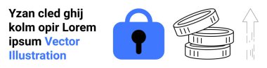Kilit simgesini, birikmiş para ve okun yanına, yer tutucu metni olan güvenli kilit simgesi. Yatırım, mali güvenlik, tasarruf, çevrimiçi bankacılık, siber güvenlik, dijital işlemler, büyüme stratejileri için ideal