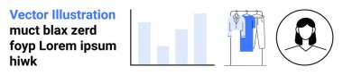 Bar çizelgesi, giysi askısı ve kadın avatar çizgisi. Yer Tutucu metni. İş raporları, moda endüstrisi, e-ticaret, kullanıcı profilleri, veri analiz sunumları pazarlama için ideal