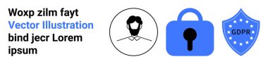 Avatar kullanıcıyı sembolize ediyor, mavi kilit güvenliği simgeliyor ve GDPR kalkanı veri korumasını vurguluyor. Güvenlik uygulamaları, gizlilik politikaları, web sitesi dipnotları, veri uyumluluğu, kullanıcı kimlik denetimi için ideal