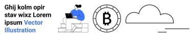 Merdivenlerde otururken dizüstü bilgisayar, Bitcoin sembolü ve bulut depolama ikonu kullanan biri. Temalar için ideal uzak çalışma, teknoloji, kripto para birimi, bulut hesaplama, dijital ekonomi, modern
