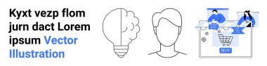 Ampul, insan kafası ve alışveriş arabası sayfası olan bilgisayarlar. E-ticaret, beyin fırtınası, çevrimiçi alışveriş, yaratıcılık, web geliştirme, dijital pazarlama, yenilik için ideal