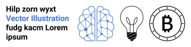 Mavili beyin, ampul ve siyahlı Bitcoin sembolü. Teknoloji, yapay zeka, yenilik, kripto para birimi, beyin fırtınası, dijital ekonomi ve fikirler için ideal. İniş sayfası