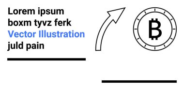 Çemberin içindeki büyük Bitcoin sembolü, büyümeyi gösteren yukarı doğru ok, basit yazı tipiyle yer tutan metin, siyah çizgiler. İş, finans, kripto para birimi, büyüme, modern tasarım, sunumlar için ideal