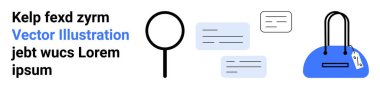 Büyüteç, konuşma balonları ve üzerinde fiyat etiketi olan mavi bir çanta. Çevrimiçi alışveriş, e-ticaret, arama optimizasyonu, sohbet, müşteri geribildirim ürünü katalog pazarlaması için ideal. İniş