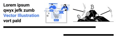 İnsanlar çevrimiçi alışveriş yaparken, diğerleri de modern faaliyetlerin aksine kazmalarla bitcoin çıkarıyorlar. E-ticaret için ideal, çevrimiçi işlemler, kripto para birimi, engelleme zinciri, yatırım