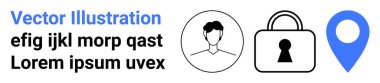 Kullanıcı profili simgesi, güvenlik kilidi ve konum kodu kişisel veri koruması ve mahremiyeti temsil ediyor. Güvenlik uygulamaları, kullanıcı hesapları, kimlik doğrulaması, gizlilik politikaları, veri şifrelemesi için ideal