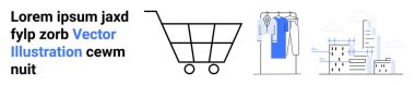 Siyah beyaz alışveriş arabası, askıda mavi kıyafetler ve dijital elementlerle detaylı şehir manzarası. E-ticaret için ideal, çevrimiçi perakende, moda mağazaları, şehir yaşam tarzı, dijital pazarlama, kullanıcı