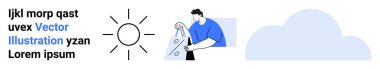 Mavi gömlekli adam ağırlık, güneş ikonu, bulut ve Lorem ipsum metin elementi taşıyor. Denge için ideal, hava tahmini, iklim değişikliği, karar verme, seçenekleri tartma işi
