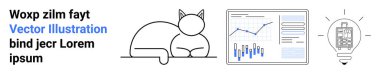 Metin satırları, minimalist kedi, tablet ya da bilgisayar ekranında analiz grafiği, dişli ampul. Modern tasarım, teknoloji, analiz, yenilik, minimalizm, yaratıcılık ve veri için ideal