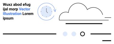 Mavi çizgili ve siyah elli saat, bulut çizimi, düz çizgiler ve metin elemanları olan daireler. Web tasarımı için ideal, iniş sayfaları, minimalist temalar, teknoloji arayüzleri, temiz yerleşimler