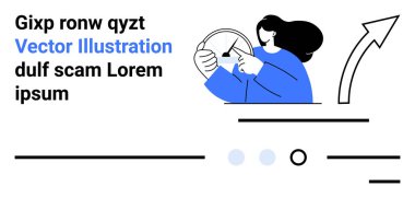 Elinde direksiyon tutan mavi ceketli bir kadın, kavisli ok, metin blokları. Navigasyon, yön, seyahat, rehberlik, kullanıcı arayüzü, sürüş uygulamaları, otomotiv için ideal. İniş sayfası