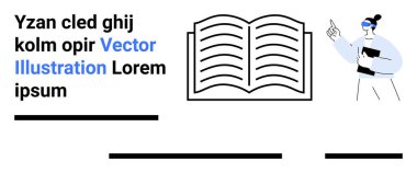 Yukarıya bakan panosu olan açık bir kitap ve kadın. Eğitim, eğitim, e-öğrenme sunumlar, bloglar, yazılar, okumalar için idealdir. Basit ve net tasarım görsel temas için mükemmel. İniş