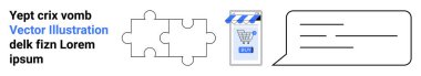 Bulmaca parçaları, akıllı telefon ekranında alışveriş arabası ve Lorem ipsum mesajlı mesaj balonu. Takım çalışması, e-ticaret, iletişim, yazılım geliştirme, problem çözme, mobil uygulamalar, müşteri hizmetleri için ideal