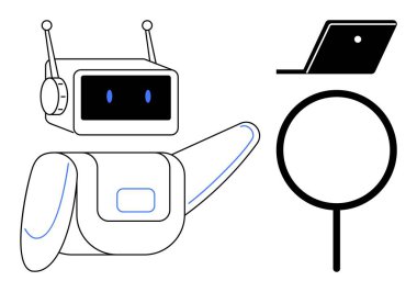 Robot kollarını dizüstü bilgisayara ve büyütece doğru uzatarak keşif ve teknolojiyi simgeliyor. Yapay zeka kavramları, teknoloji entegrasyonu, dijital arama, yenilik, robotik, fütüristik temalar için ideal