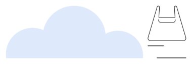 Açık mavi bulut, minimalist alışveriş torbası çiziminin yanında. Sürdürülebilirlik, çevre, minimalizm, çevre dostu, alışveriş, doğa, basitlik temaları için idealdir. Soyut çizgi düz metafor