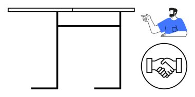 Bir masanın minimalist çizimi, mavi gömlekli bir adam, el sıkışma sembolü. İşbirliği, anlaşma, takım çalışması, toplantı, müzakere ortaklığı fikirleri için ideal. Soyut satır düzlüğü