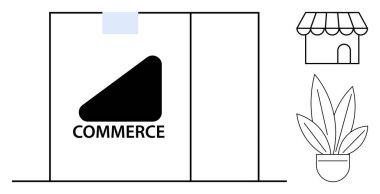 Storefront labeled Commerce, a store icon, and a potted plant. Ideal for business concepts, retail, shopping, small businesses, entrepreneurship urban setup and economic growth. Abstract line flat clipart