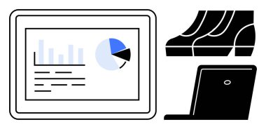 Tablet ekranda dizüstü bilgisayar ve iş ayakkabılarının yanında çubuk grafik ve pasta grafiği analizi gösteriliyor. İş stratejisi için ideal, piyasa araştırması, mali analiz, teknoloji entegrasyonu, profesyonel