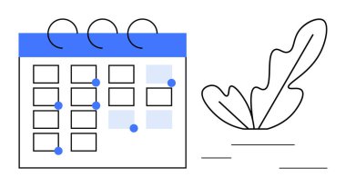Olayları temsil eden birkaç mavi noktayla işaretlenmiş bir takvim, soyut özet yapraklı bir bitki ile eşleştirilmiş. Zamanlama, planlama, organizasyon, üretkenlik, zaman yönetimi, hatırlatıcılar için ideal