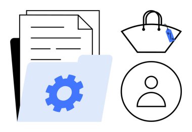Belge ve teçhizatlı klasör, etiketli alışveriş çantası, kullanıcı simgesi. Ayarlar yönetimi, belge organizasyonu, çevrimiçi alışveriş, e-ticaret, müşteri profilleri, yönetim dijital