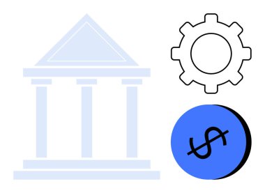 Sütunlu, dişli dişli ve dolar işaretli bir bina. Finans, bankacılık, yatırım, yönetim, organizasyon sektörü parası için ideal. Minimalist soyut çizgi düz metafor