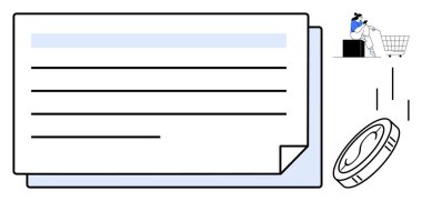 Ayrıntılı listesi olan büyük bir makbuz, bozuk para düşmesi ve alışveriş arabasında dizüstü bilgisayarı olan biri. Finans, e-ticaret, çevrimiçi alışveriş, dijital işlemler, harcama takibi, bütçe