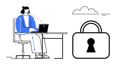 Laptop masasında çalışan güvenlik kamerası, bulut ve büyük kilit ikonu olan bir kadın. Siber güvenlik, gizlilik, veri koruması, gözetleme, online güvenlik bilgi güvenliği için idealdir. Çizgi