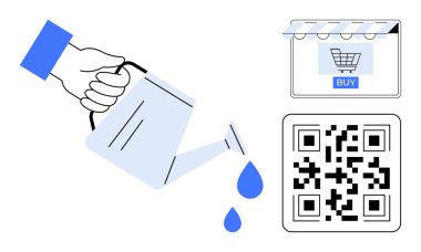Bir su bidonu tutmak, bitkileri damla kodlarıyla beslemek satın alma düğmesi ile hızlı erişimi sembolize ediyor. Dijital pazarlama, çevrimiçi büyüme, satış, e-ticaret, yetiştirme liderleri için ideal