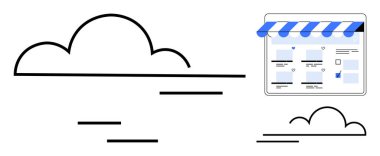 Bulutla bağlantılı dijital mağaza önü, ürün listeleri ve mavi mağaza tentelerinin yer aldığı açılır pencereyle örtülmüş. Çevrimiçi alışveriş, dijital pazarlama, bulut hizmetleri, e-ticaret, web tasarımı için ideal