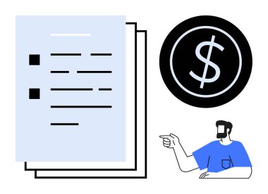 Metin bloklu kağıtlar, dolar işaretli bir bozuk para ve işaret eden biri. İş için ideal, finans, anlaşmalar, yatırımlar, sözleşmeler ekonomi iletişimi için. Soyut çizgi düz metafor