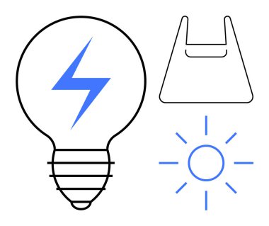 Elektrik sürgülü ampul, alışveriş torbası ve güneş ikonu. Temalar için ideal başlık sürdürülebilirlik, yenilik, çevre, yenilenebilir enerji, perakende çevre dostu ve teknoloji. Siyah ve mavi