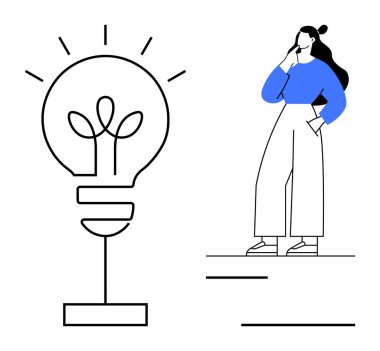 Mavi tişörtlü ve beyaz pantolonlu kadın büyük, aydınlık ampulün yanında düşünceli bir şekilde duruyor. Yenilik için ideal, beyin fırtınası, yaratıcılık, yeni fikirler, problem çözme, ilham