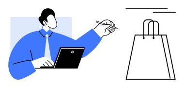 Profesyonel bir iş adamı dizüstü bilgisayarda çalışıyor, bir alışveriş çantasına doğru el kol hareketi yapıyor. E-ticaret, çevrimiçi alışveriş, dijital pazarlama, perakende satış, tüketici davranışı, iş sunumları için ideal